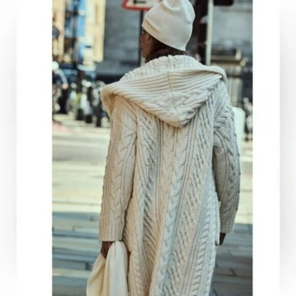 ZARA LONG CABLE KNIT COAT LONG SLEEVES WHITE - Picture 3 of 11